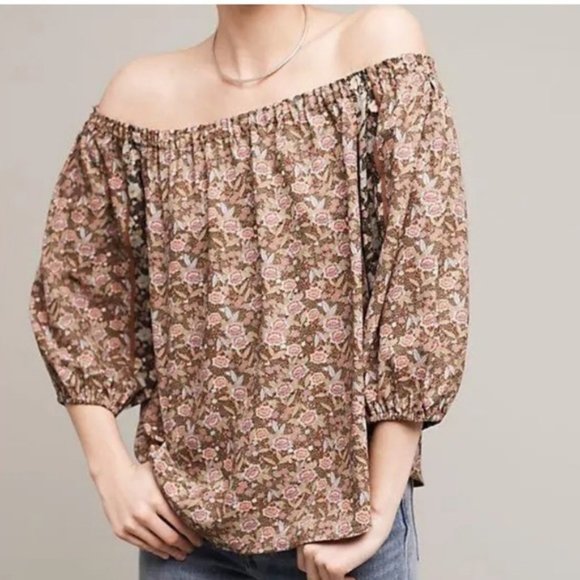 Anthropologie One September tan floral off shoulder puff sleeve top - Picture 1 of 6